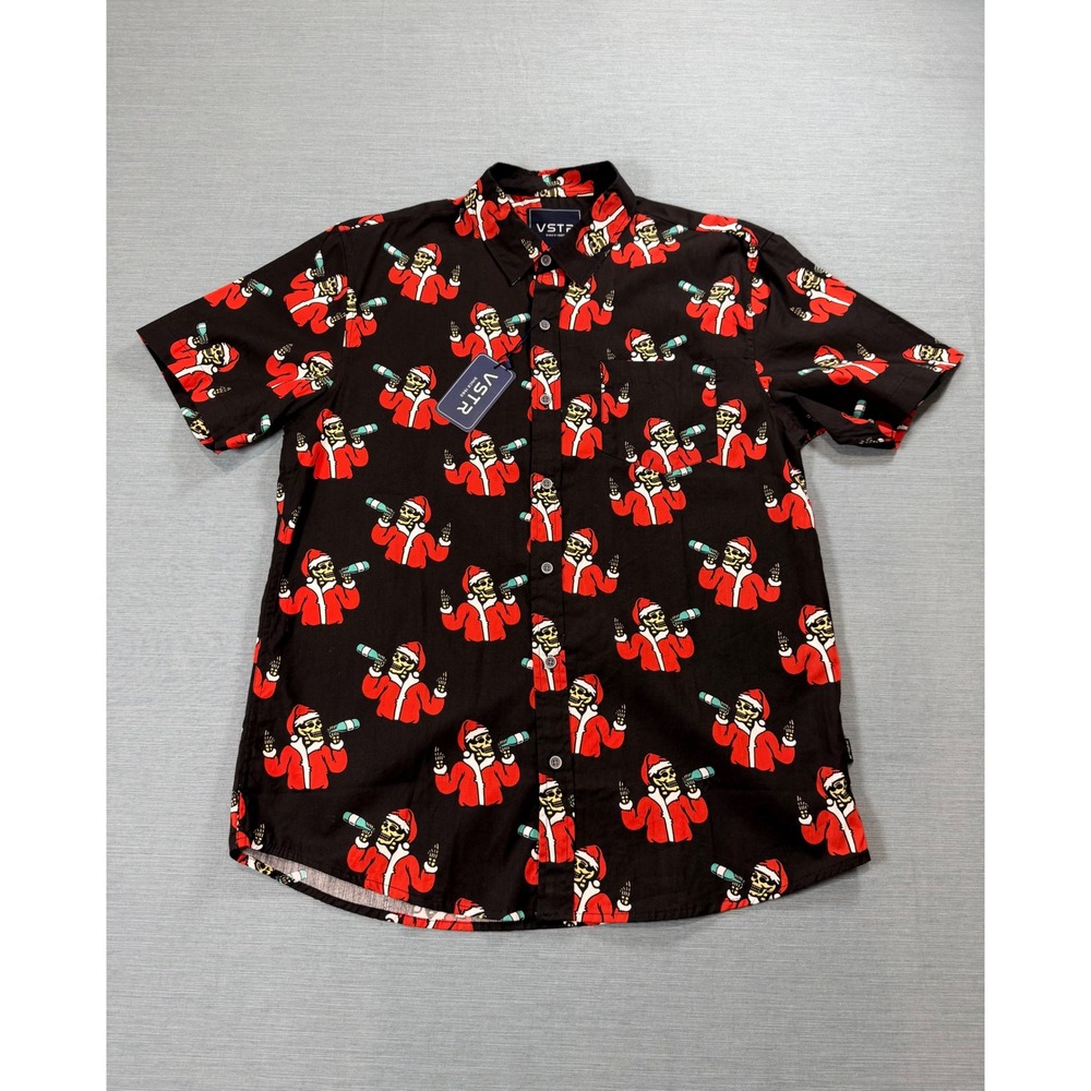 VSTR Button Down Shirt Mens Large Black New Drunk Santa Skeleton Holiday